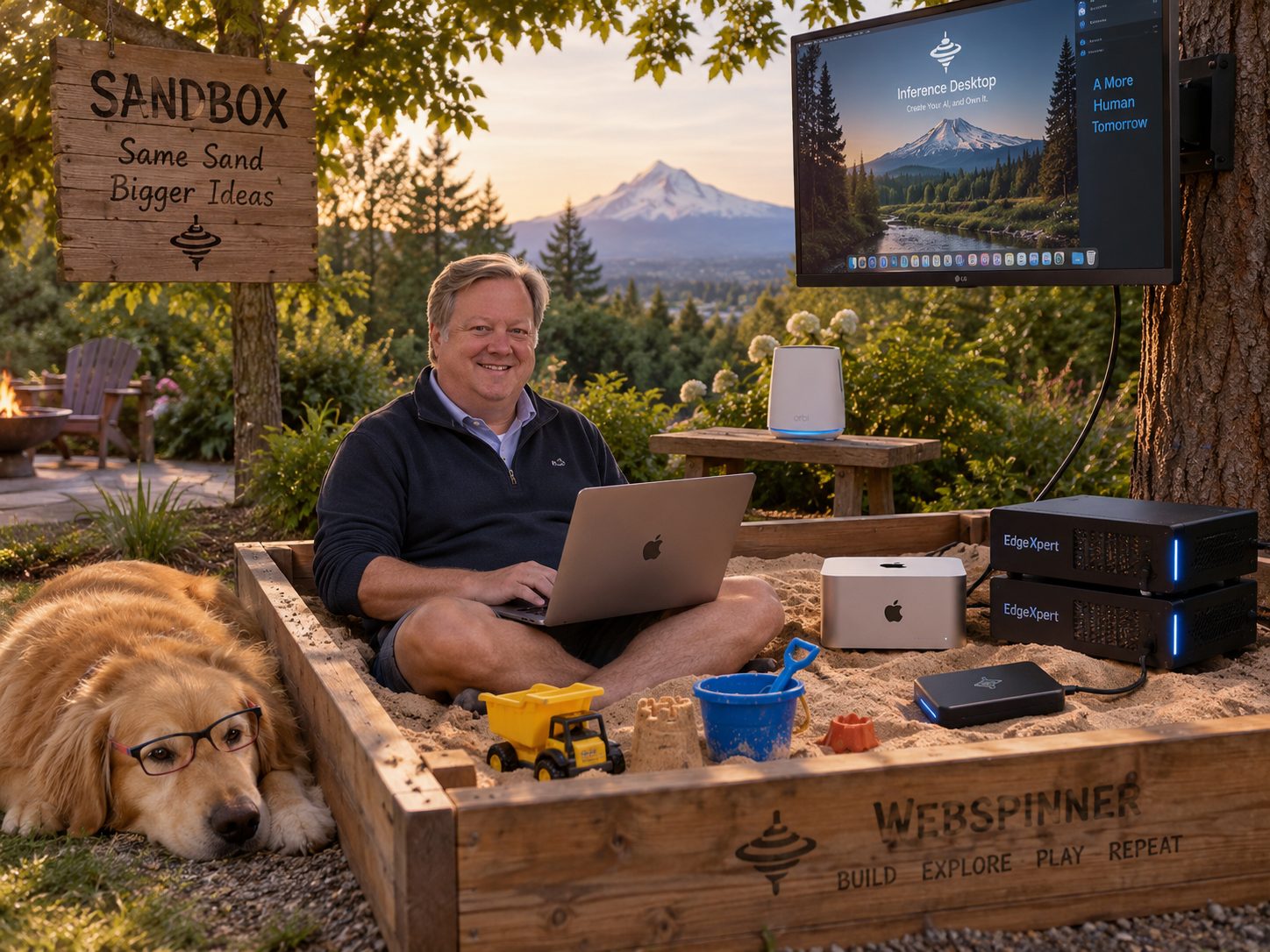 John David Marx sits cross-legged in a wooden backyard sandbox at golden hour, smiling, a laptop on his lap and Mount Hood behind him. In the sand beside him are a Mac Studio, two EdgeXpert computers, a router and a drive, with a toy dump truck, a bucket and a sandcastle. A hand-painted sign reads 'Sandbox: Same Sand, Bigger Ideas', a screen on the tree shows the Inference Desktop, a golden retriever in glasses rests beside the box, and its side reads 'Webspinner: Build, Explore, Play, Repeat'.