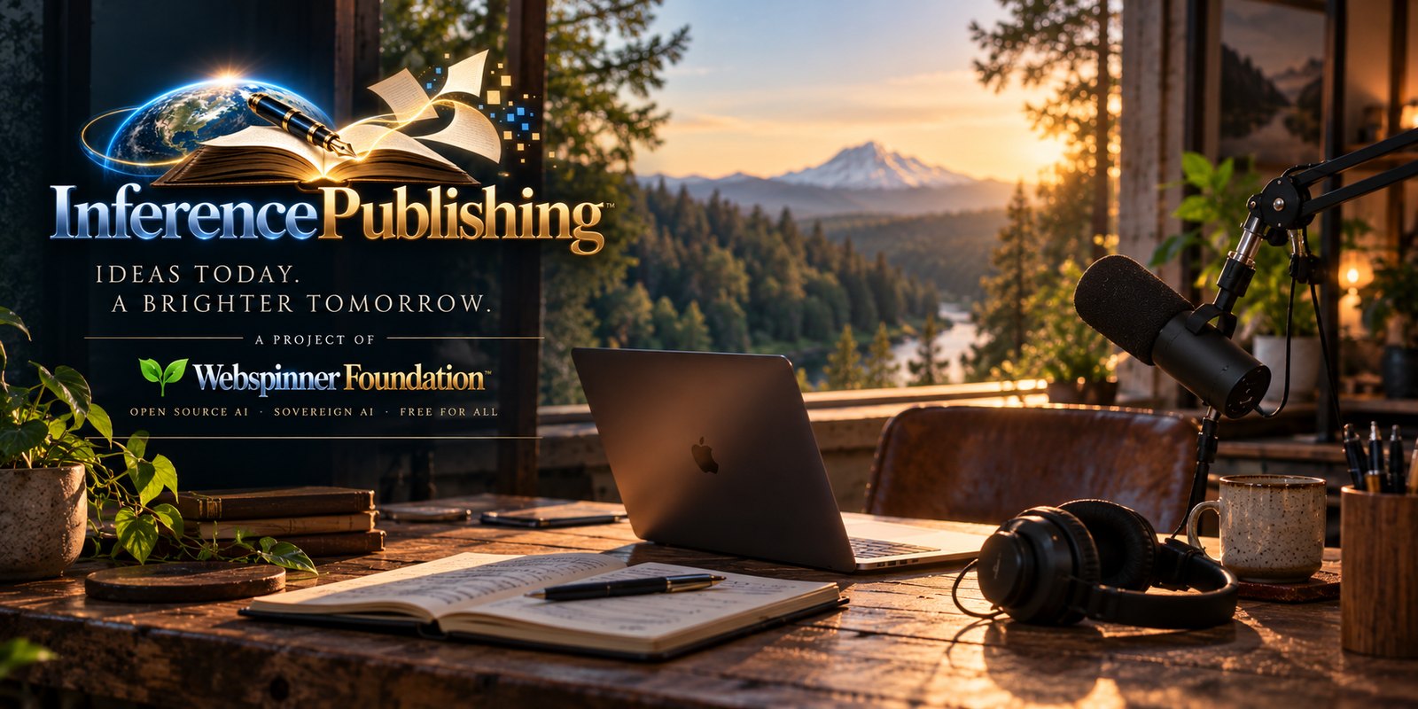 The Inference Publishing wordmark — Ideas today. A brighter tomorrow., a project of the Webspinner Foundation — beside a writing desk at golden hour with a laptop, microphone and open notebook, looking out on forest, a river and a snow-capped mountain.