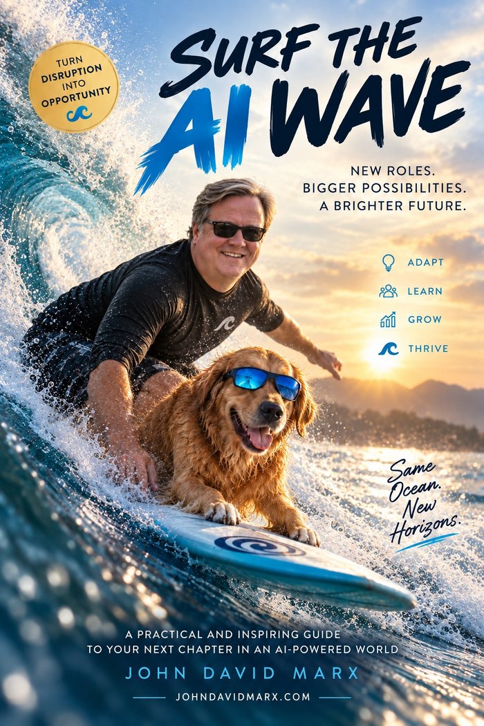 Cover of Surf the AI Wave by John David Marx: a surfer and a golden retriever riding a bright blue wave at sunrise.